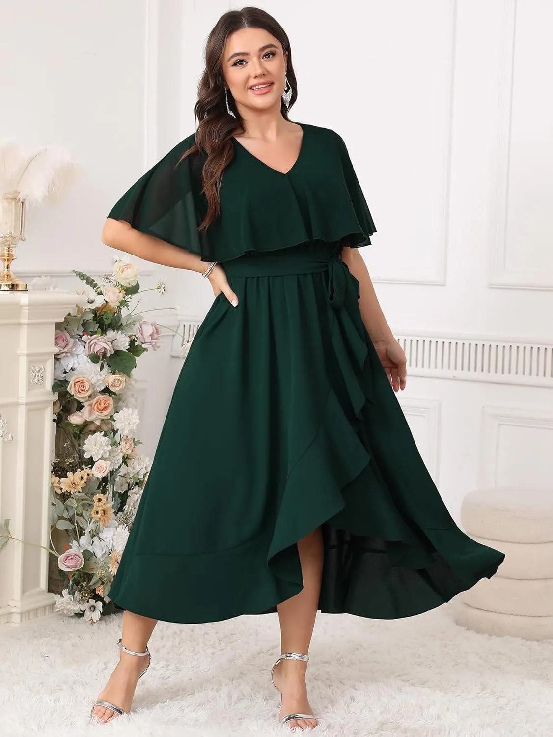 Women Plus Size Long Formal Dress Short Sleeve Chiffon Ruffle V Neck High Low Split Wedding Guest Maxi Dresses