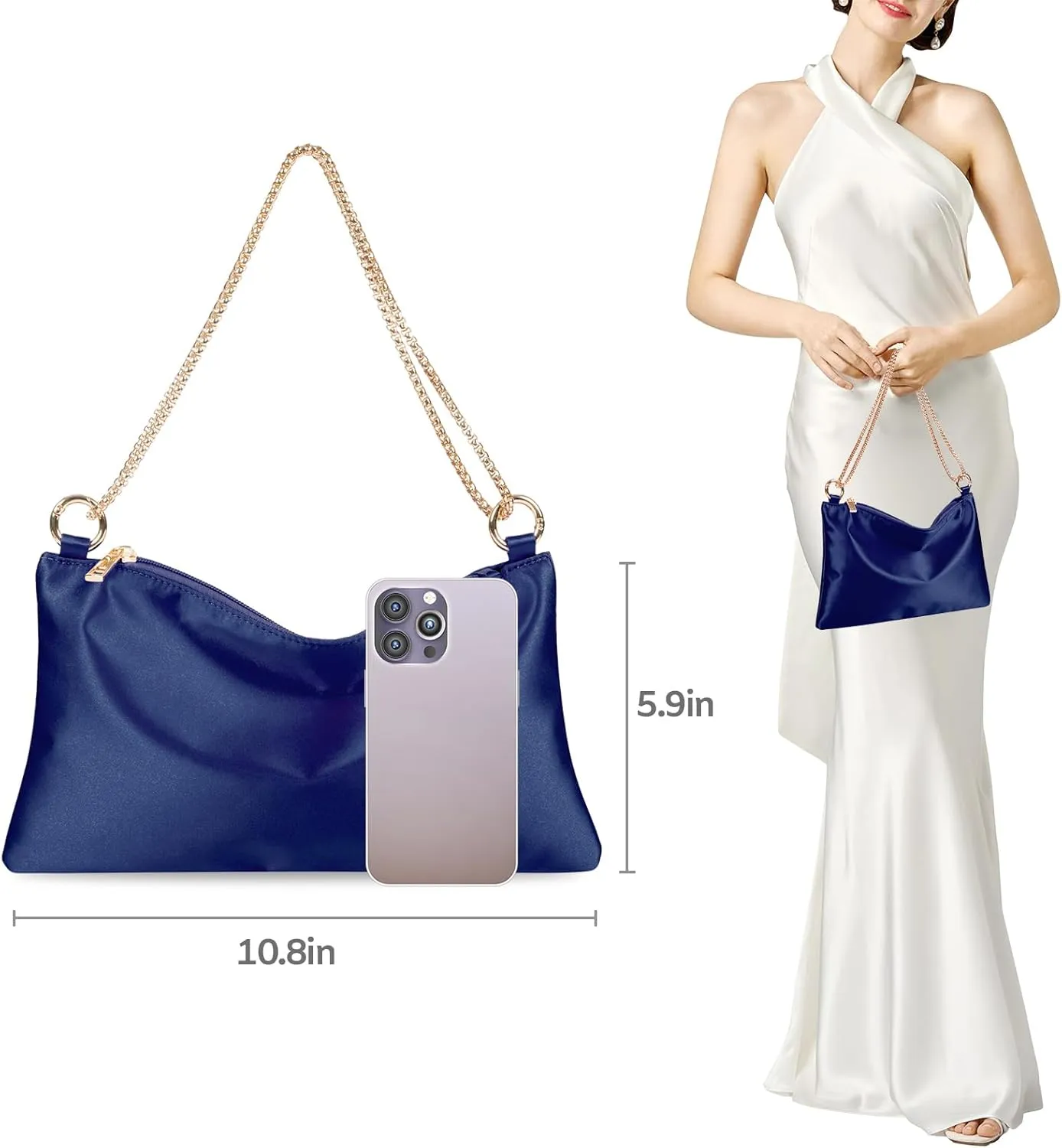 Women Satin Evening Handbag Wedding Prom Clutch Purse Formal Cocktail Party Clutches Shoulder Bag with 2 Bag Chains