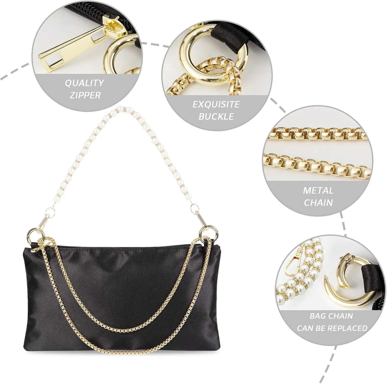 Women Satin Evening Handbag Wedding Prom Clutch Purse Formal Cocktail Party Clutches Shoulder Bag with 2 Bag Chains