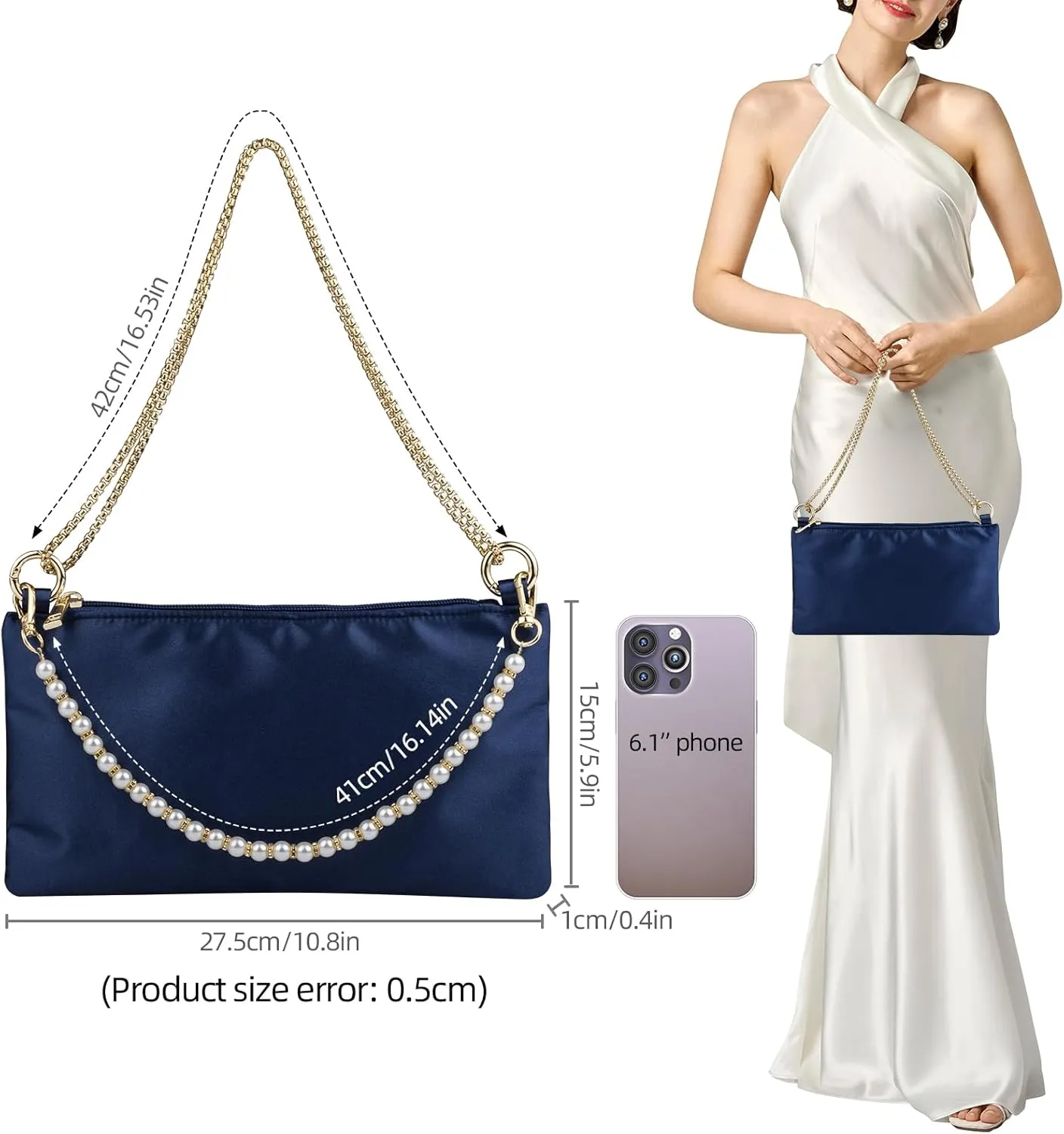 Women Satin Evening Handbag Wedding Prom Clutch Purse Formal Cocktail Party Clutches Shoulder Bag with 2 Bag Chains