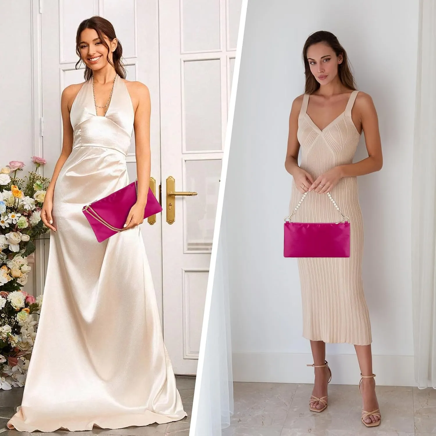 Women Satin Evening Handbag Wedding Prom Clutch Purse Formal Cocktail Party Clutches Shoulder Bag with 2 Bag Chains
