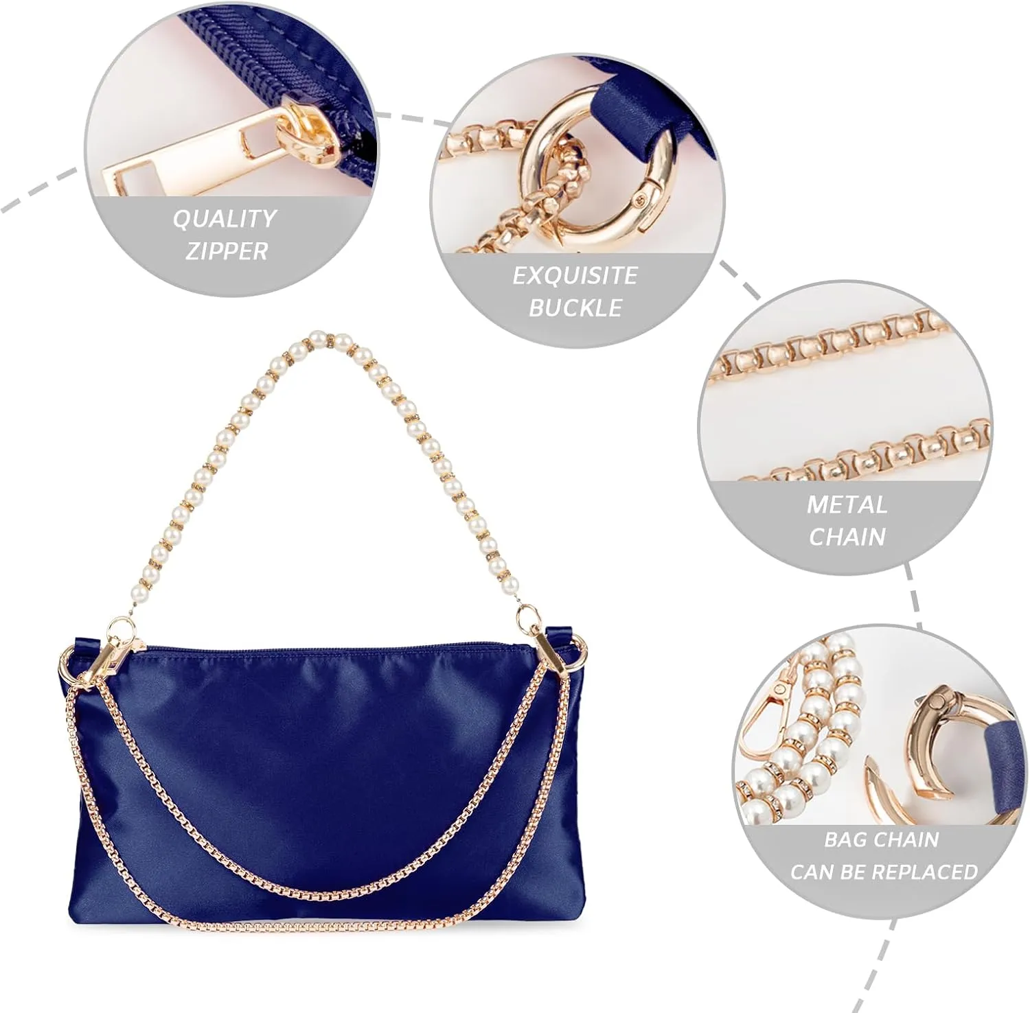 Women Satin Evening Handbag Wedding Prom Clutch Purse Formal Cocktail Party Clutches Shoulder Bag with 2 Bag Chains