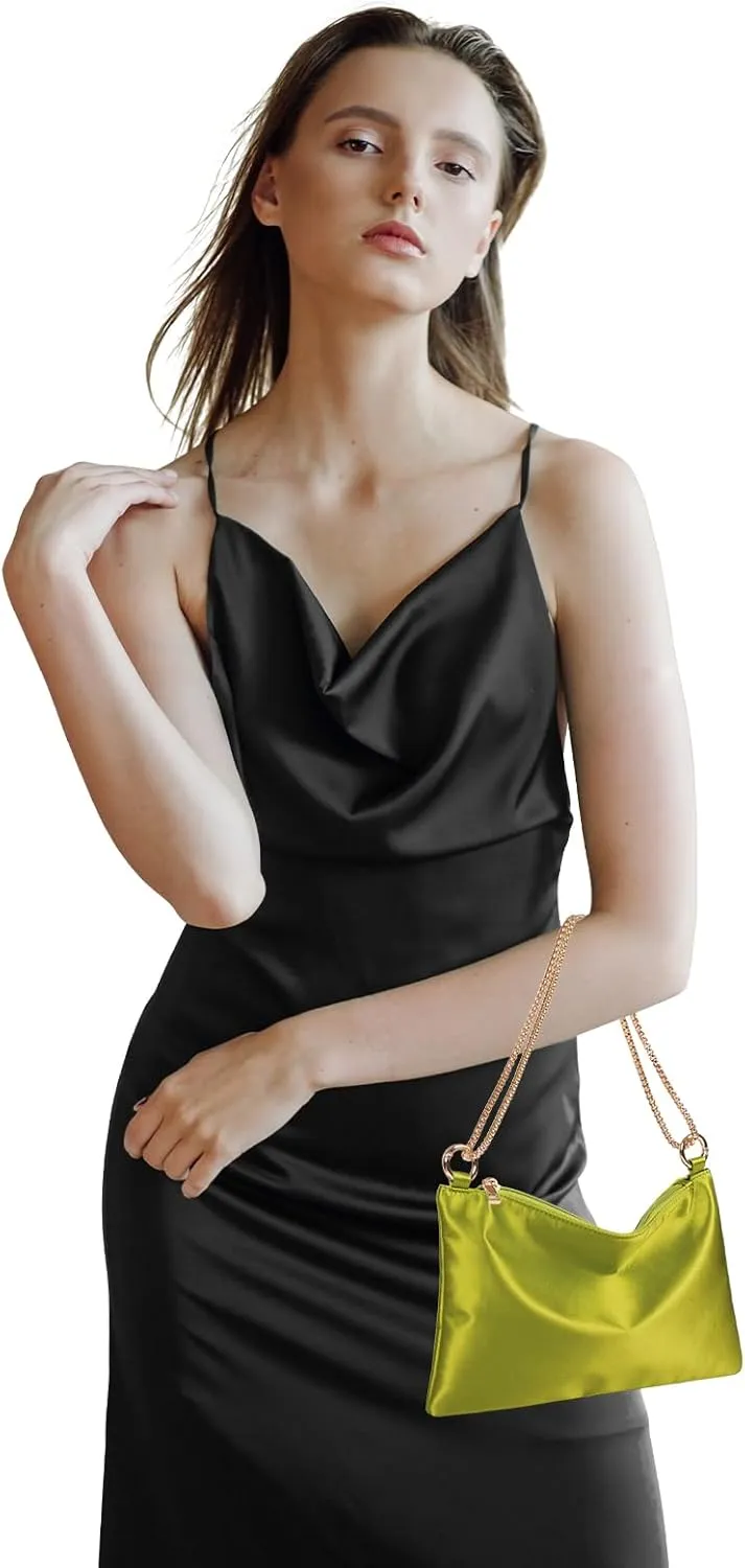 Women Satin Evening Handbag Wedding Prom Clutch Purse Formal Cocktail Party Clutches Shoulder Bag with 2 Bag Chains
