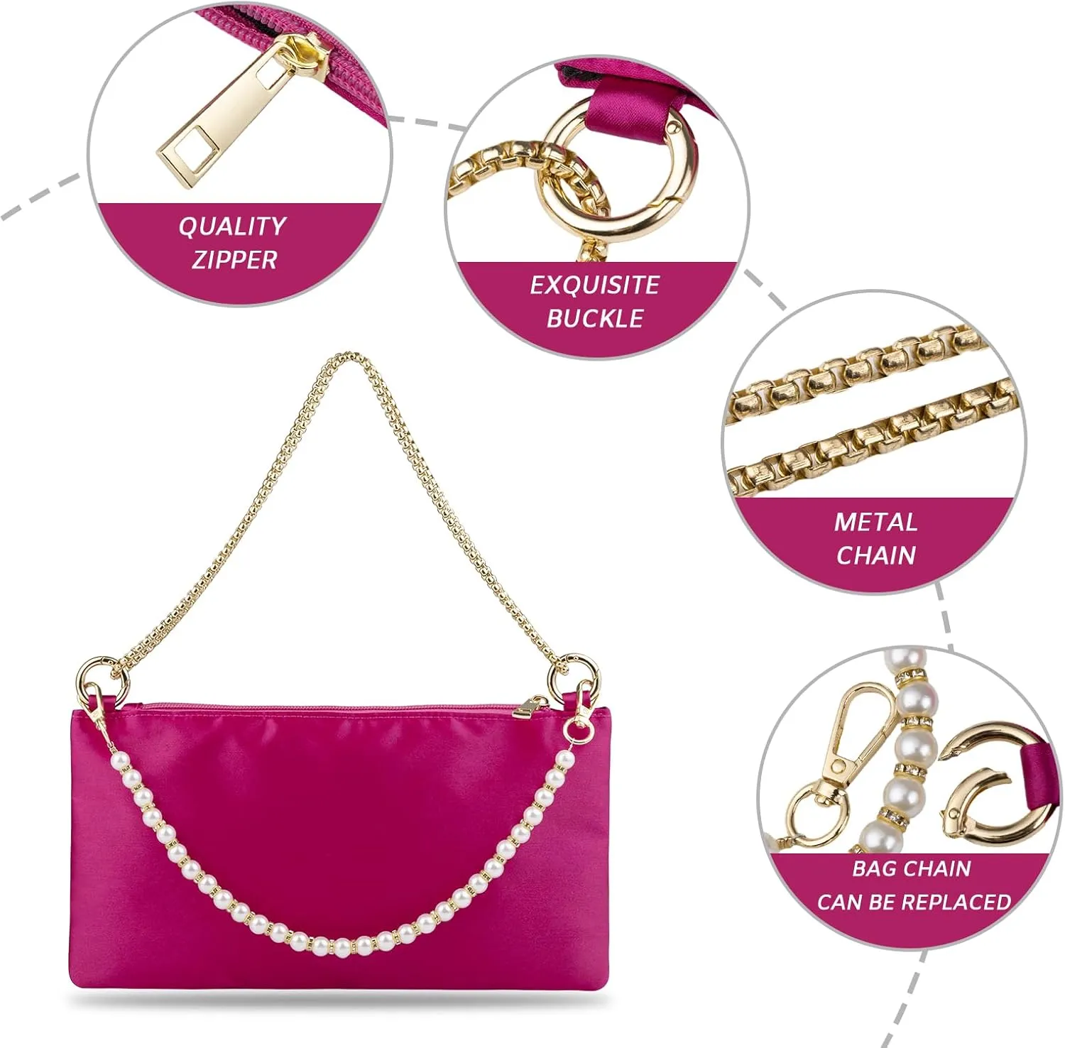 Women Satin Evening Handbag Wedding Prom Clutch Purse Formal Cocktail Party Clutches Shoulder Bag with 2 Bag Chains