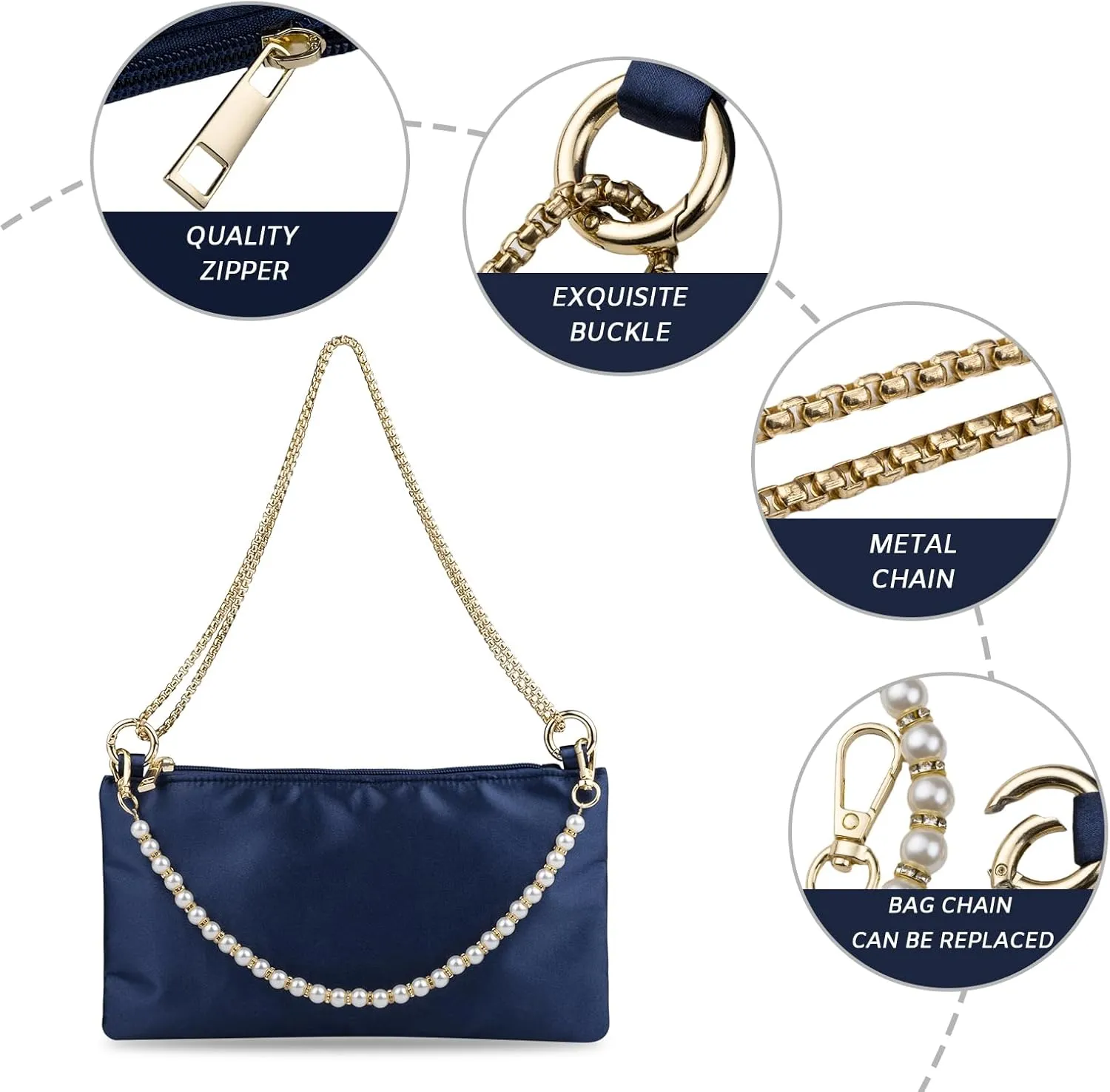 Women Satin Evening Handbag Wedding Prom Clutch Purse Formal Cocktail Party Clutches Shoulder Bag with 2 Bag Chains