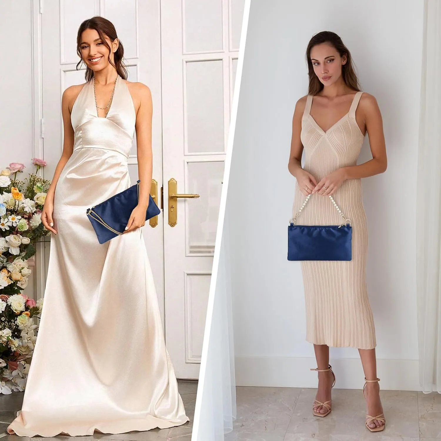 Women Satin Evening Handbag Wedding Prom Clutch Purse Formal Cocktail Party Clutches Shoulder Bag with 2 Bag Chains