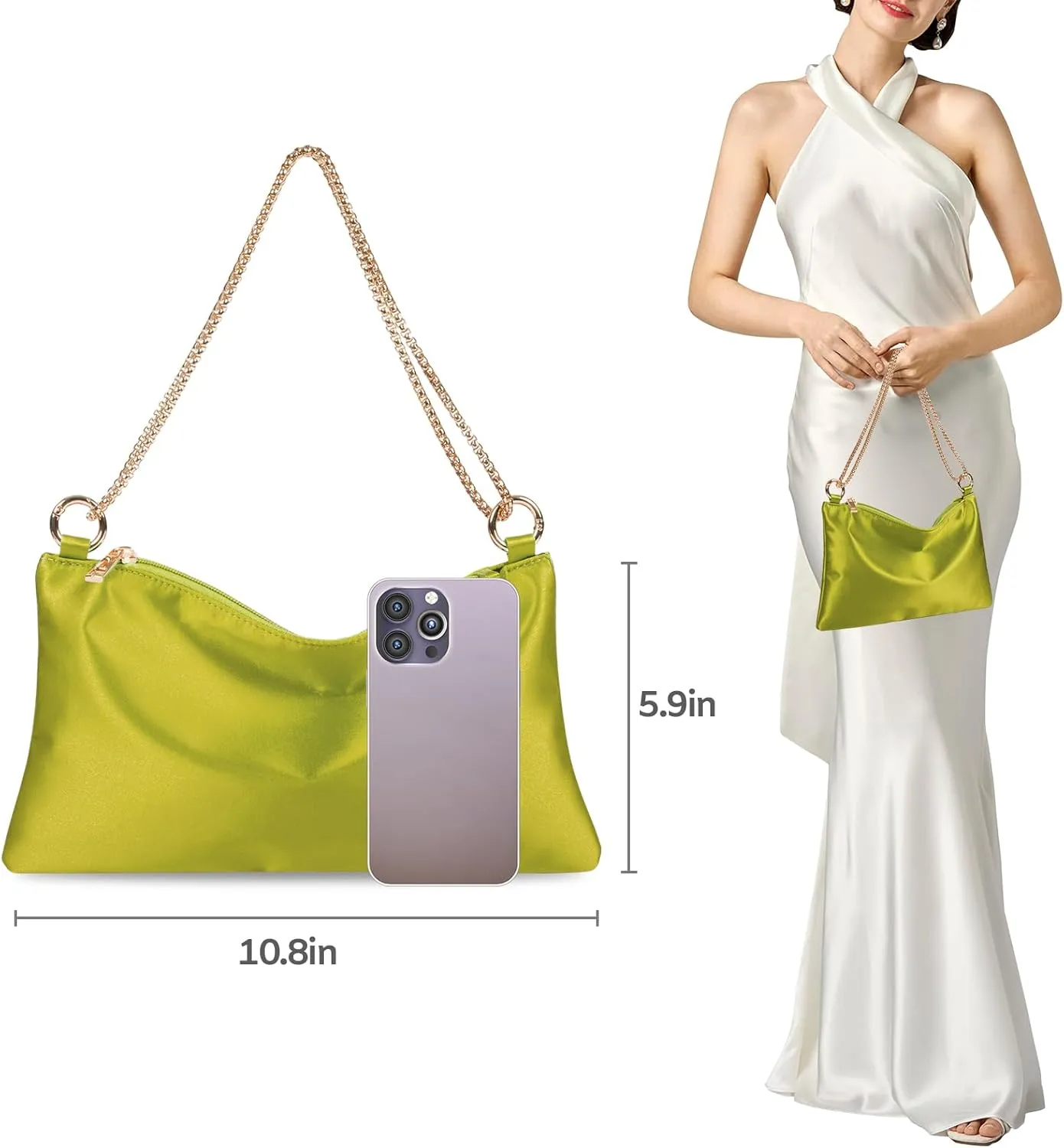 Women Satin Evening Handbag Wedding Prom Clutch Purse Formal Cocktail Party Clutches Shoulder Bag with 2 Bag Chains