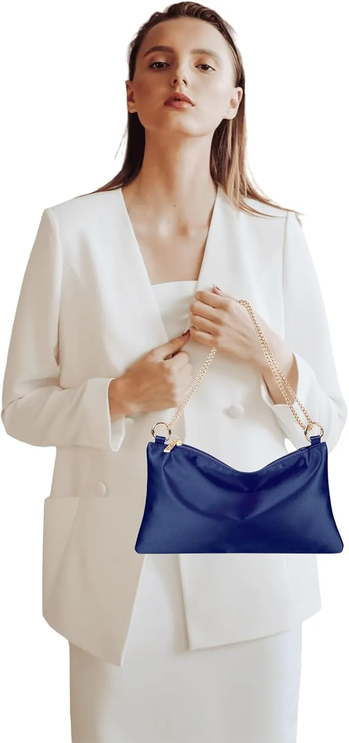 Women Satin Evening Handbag Wedding Prom Clutch Purse Formal Cocktail Party Clutches Shoulder Bag with 2 Bag Chains