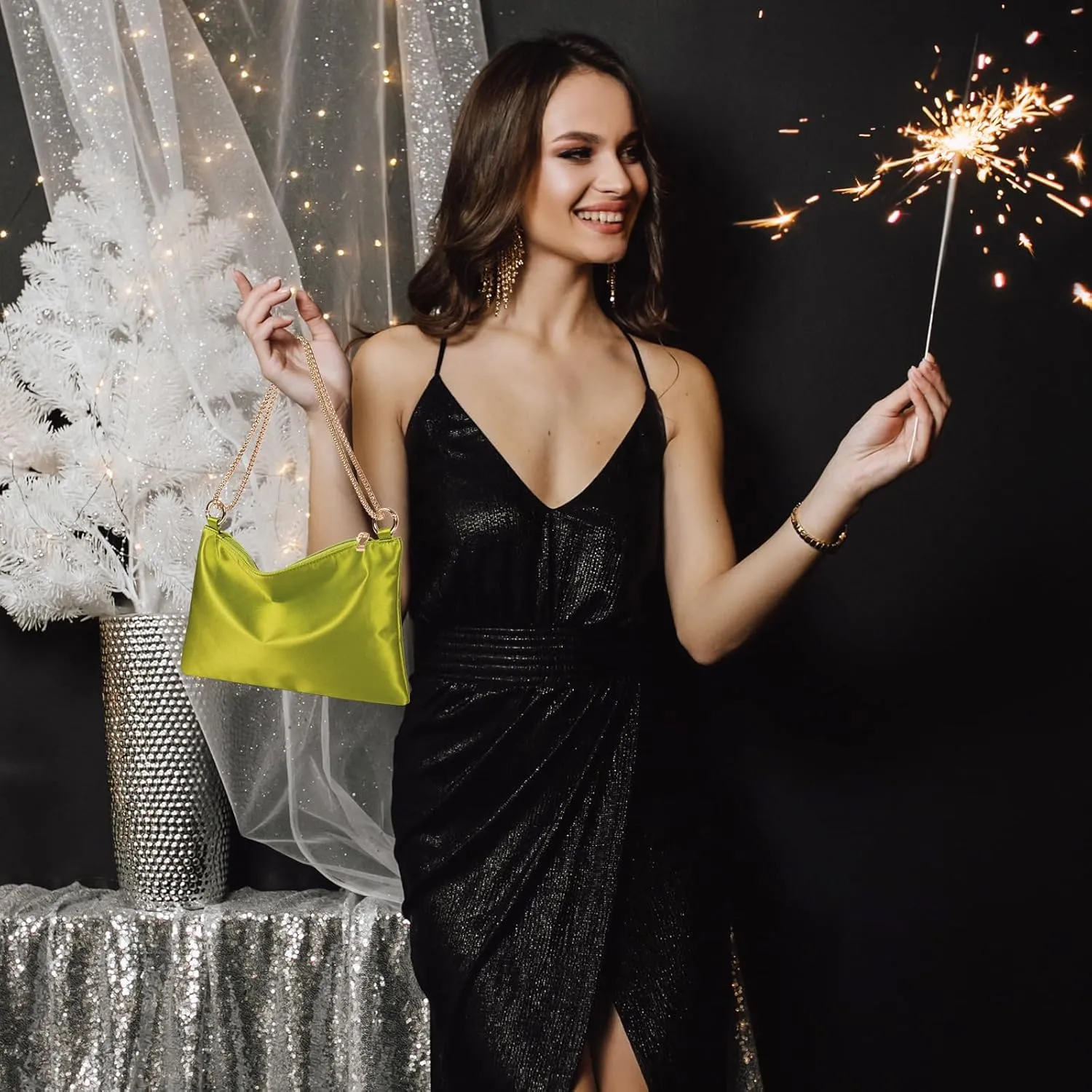Women Satin Evening Handbag Wedding Prom Clutch Purse Formal Cocktail Party Clutches Shoulder Bag with 2 Bag Chains