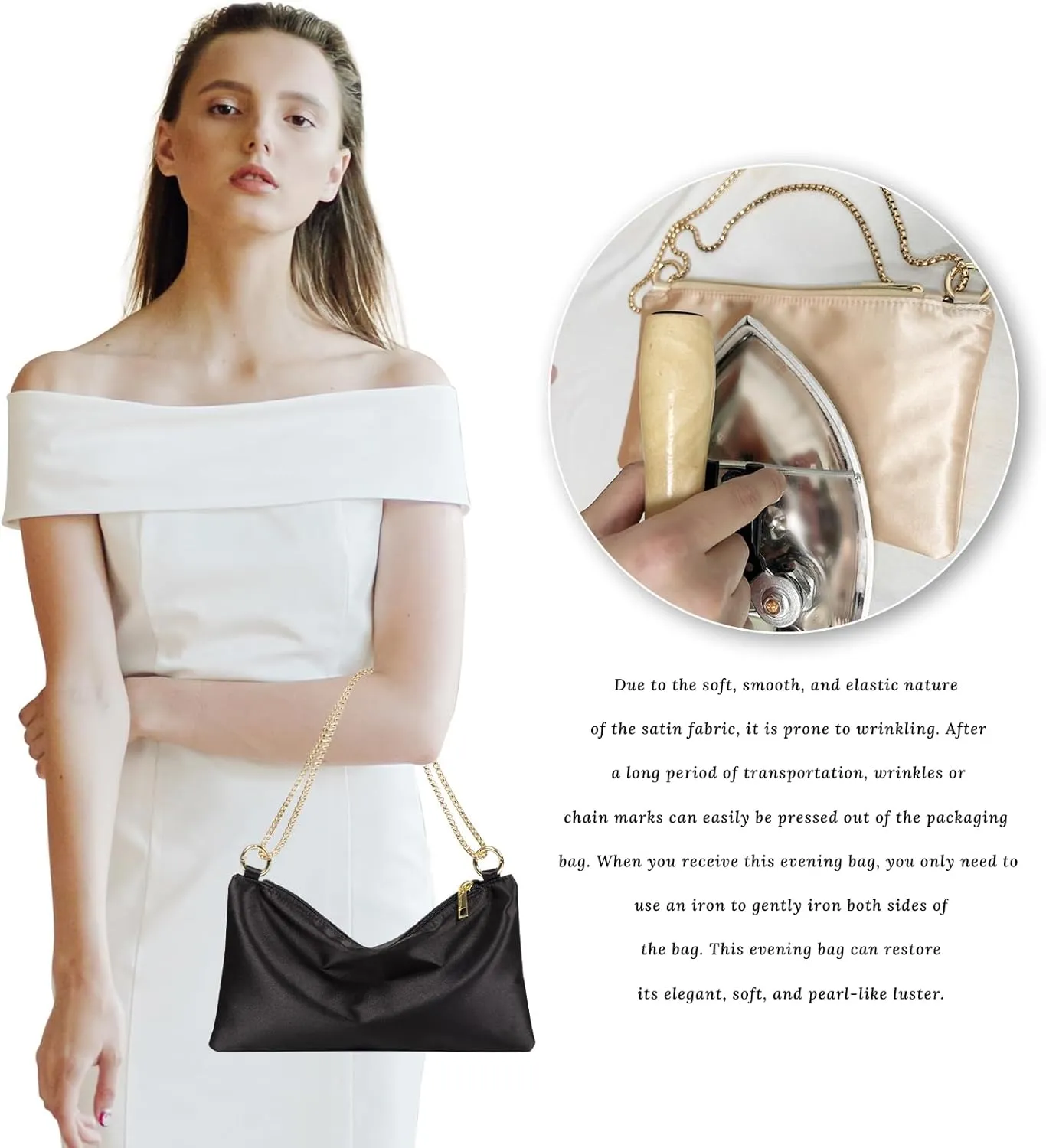 Women Satin Evening Handbag Wedding Prom Clutch Purse Formal Cocktail Party Clutches Shoulder Bag with 2 Bag Chains