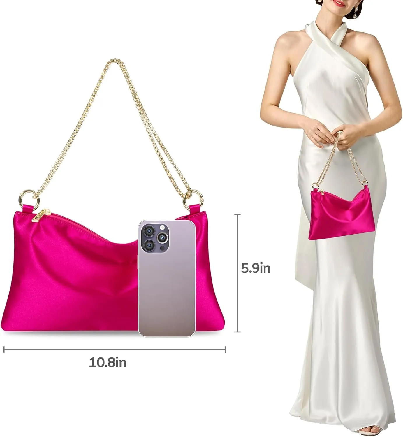 Women Satin Evening Handbag Wedding Prom Clutch Purse Formal Cocktail Party Clutches Shoulder Bag with 2 Bag Chains