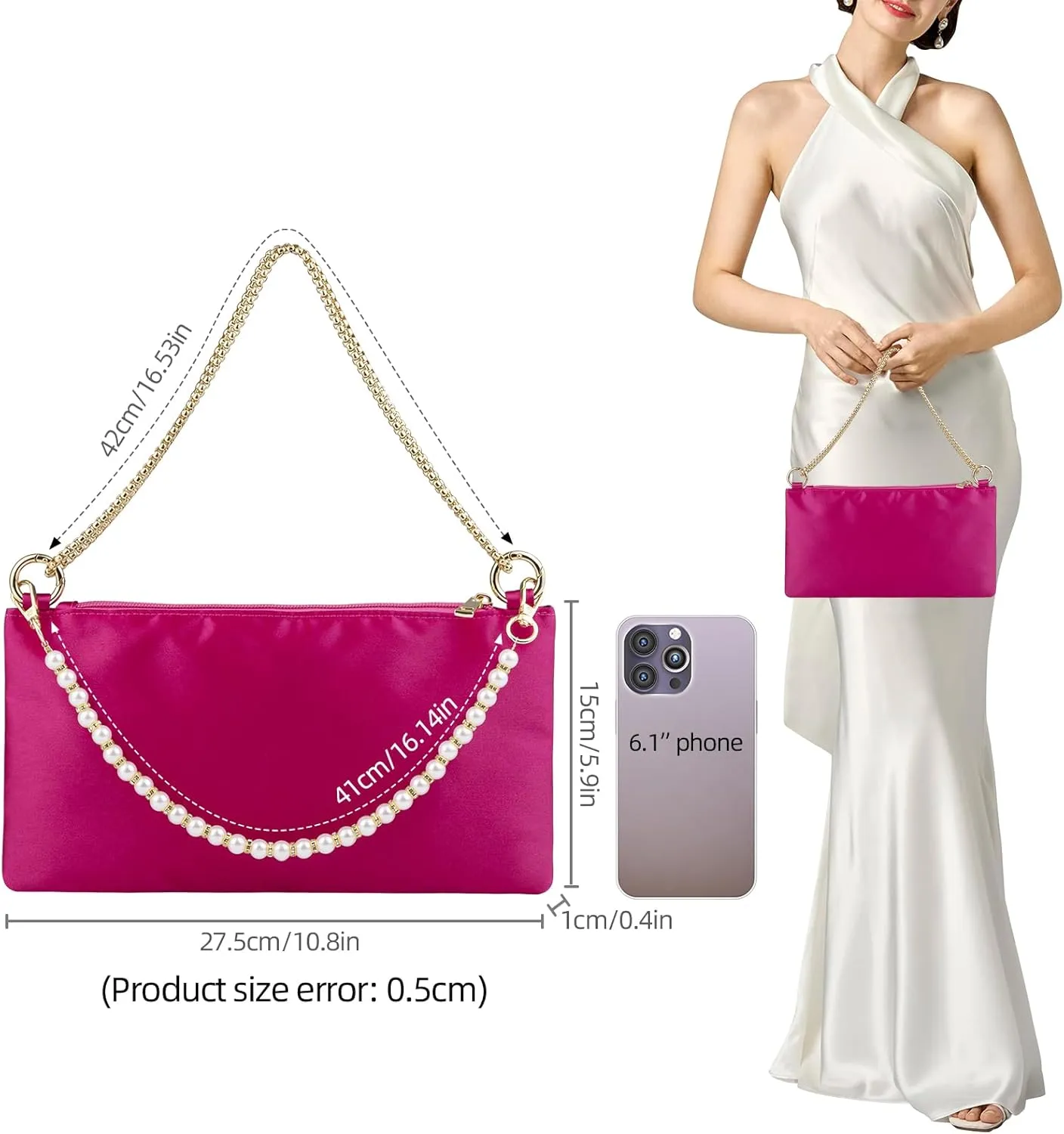 Women Satin Evening Handbag Wedding Prom Clutch Purse Formal Cocktail Party Clutches Shoulder Bag with 2 Bag Chains