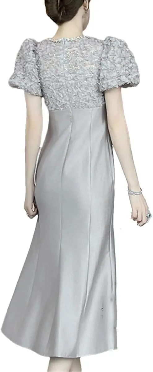 Women Sequins Lace Patchwork Evening Slim Beads Short Sleeve Crew Neck Midi Party Robe