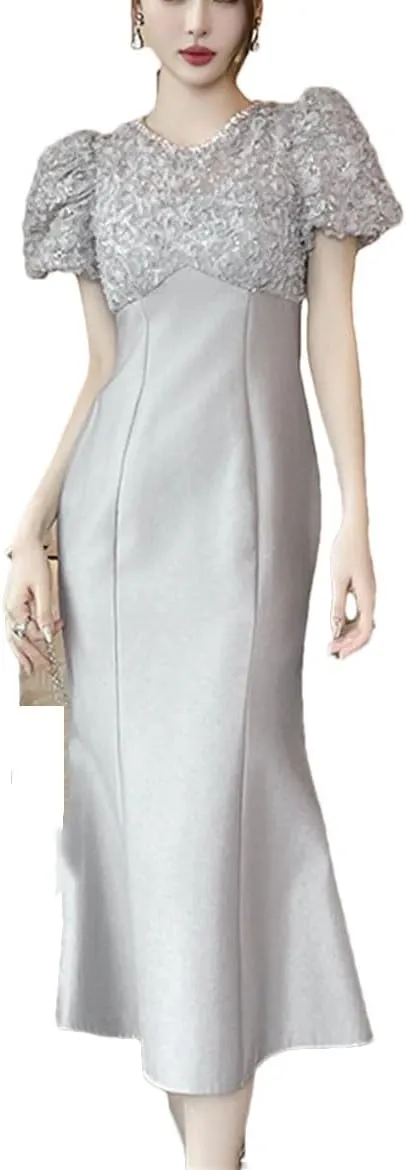 Women Sequins Lace Patchwork Evening Slim Beads Short Sleeve Crew Neck Midi Party Robe