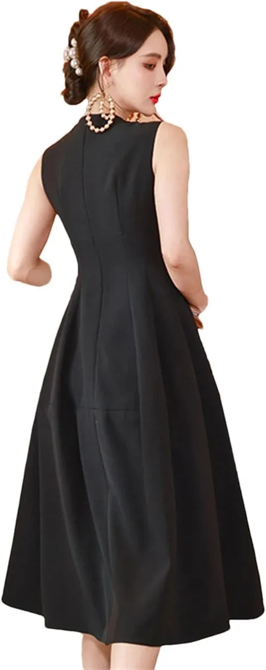 Women Solid Vintage Midi A-Line Dress Crew Neck Slim Party Club Gown Commute Lady Robe