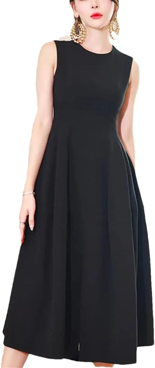 Women Solid Vintage Midi A-Line Dress Crew Neck Slim Party Club Gown Commute Lady Robe