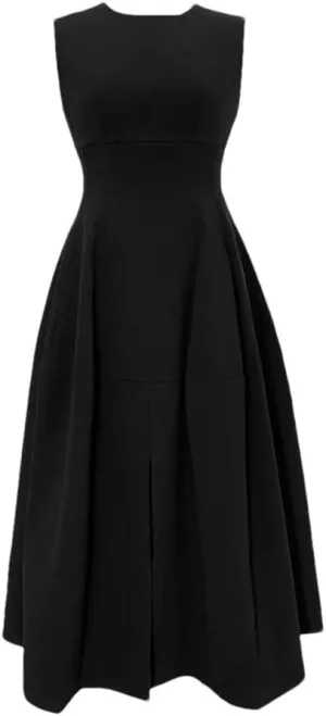 Women Solid Vintage Midi A-Line Dress Crew Neck Slim Party Club Gown Commute Lady Robe