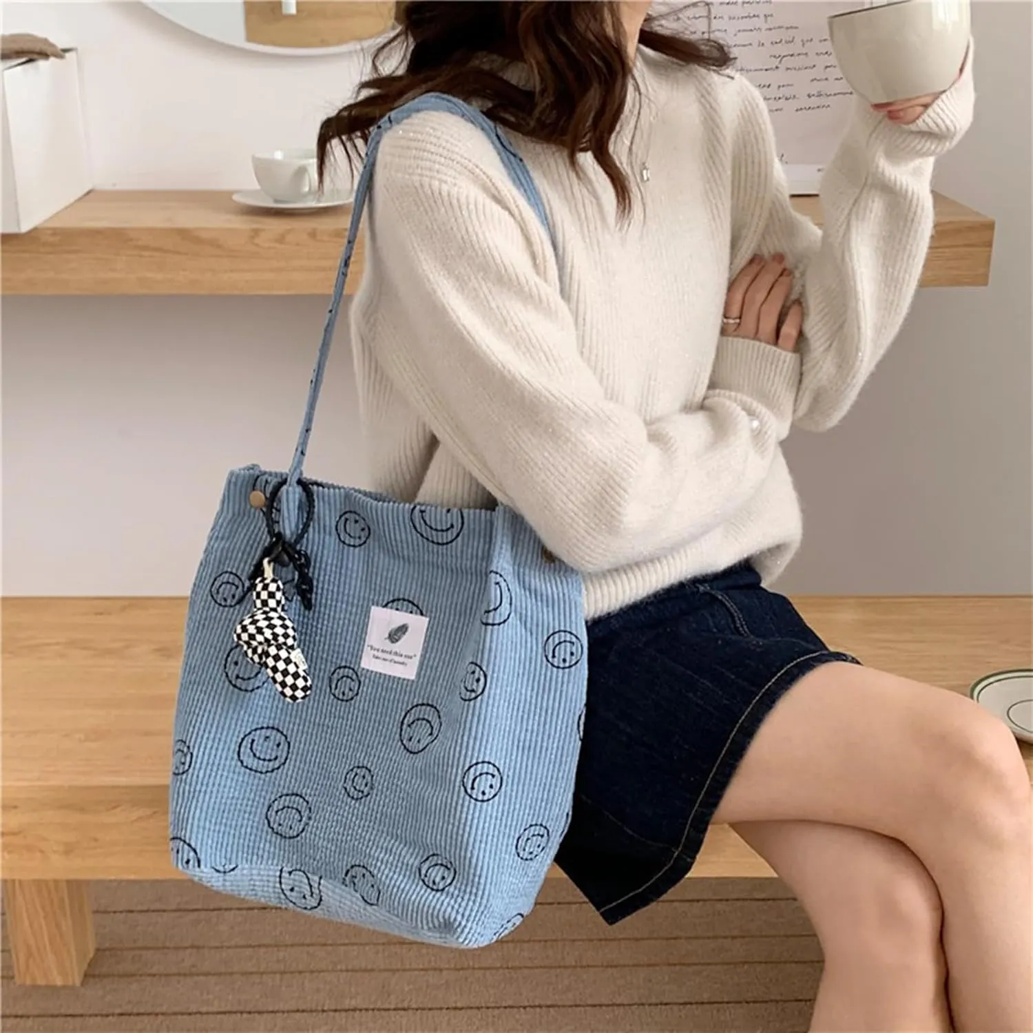 Women Tote Bags Grocery Shoulder Bag Corduroy with Inner Pocket for Work Beach Lunch Travel Shopping Shopper Handbags