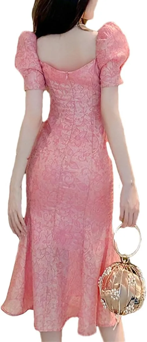 Women Vintage Floral Robe Evening Long Dress V-Neck Slim Short Sleeve Midi Party Fishtail Dresses