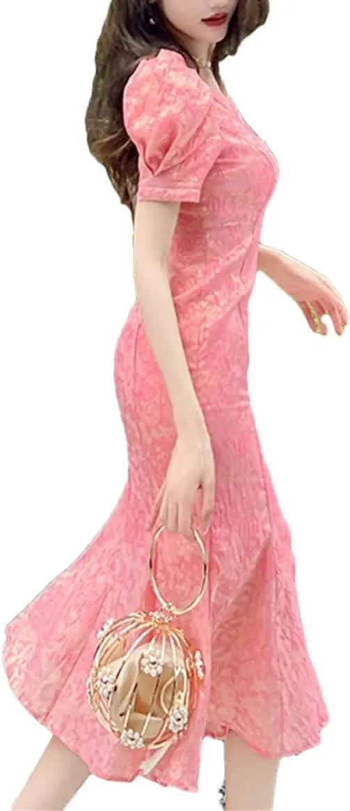 Women Vintage Floral Robe Evening Long Dress V-Neck Slim Short Sleeve Midi Party Fishtail Dresses