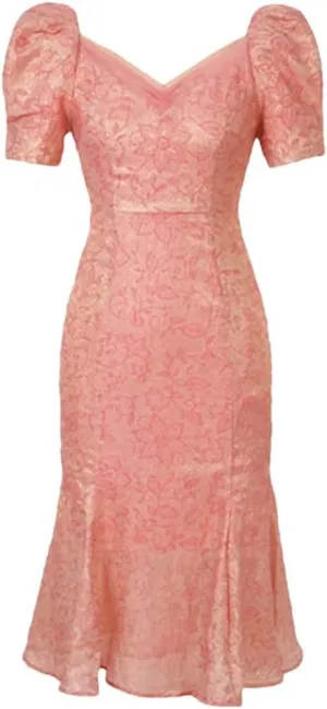 Women Vintage Floral Robe Evening Long Dress V-Neck Slim Short Sleeve Midi Party Fishtail Dresses