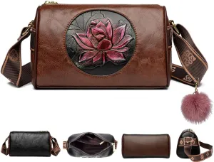 Women Vintage Lotus Crossbody Bag,Ethnic Style Printed Shoulder Bag,Versatile Lotus Floral Purse With Adjustable Strap