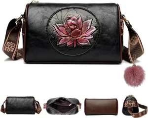 Women Vintage Lotus Crossbody Bag,Ethnic Style Printed Shoulder Bag,Versatile Lotus Floral Purse With Adjustable Strap