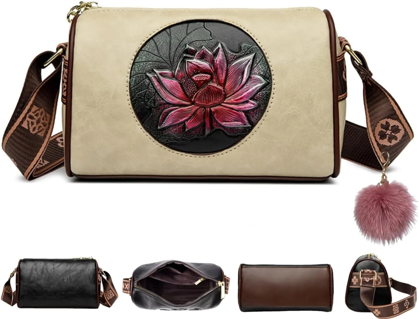 Women Vintage Lotus Crossbody Bag,Ethnic Style Printed Shoulder Bag,Versatile Lotus Floral Purse With Adjustable Strap
