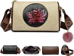 Women Vintage Lotus Crossbody Bag,Ethnic Style Printed Shoulder Bag,Versatile Lotus Floral Purse With Adjustable Strap