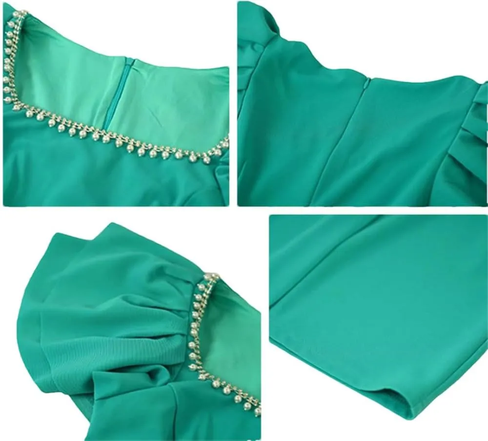 Women Vintage Ruffles Split Robe Beaded Square Neck Short Sleeve Party Mdi Dresses