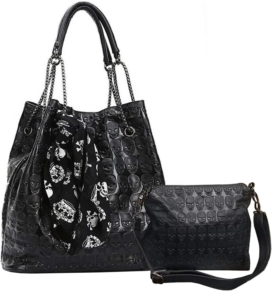 Women's 2Pcs Skull Purses and Handbags Punk Tote Top-handle Shoulder Satchels Bag Clutch