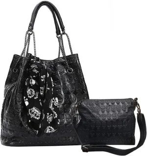 Women's 2Pcs Skull Purses and Handbags Punk Tote Top-handle Shoulder Satchels Bag Clutch