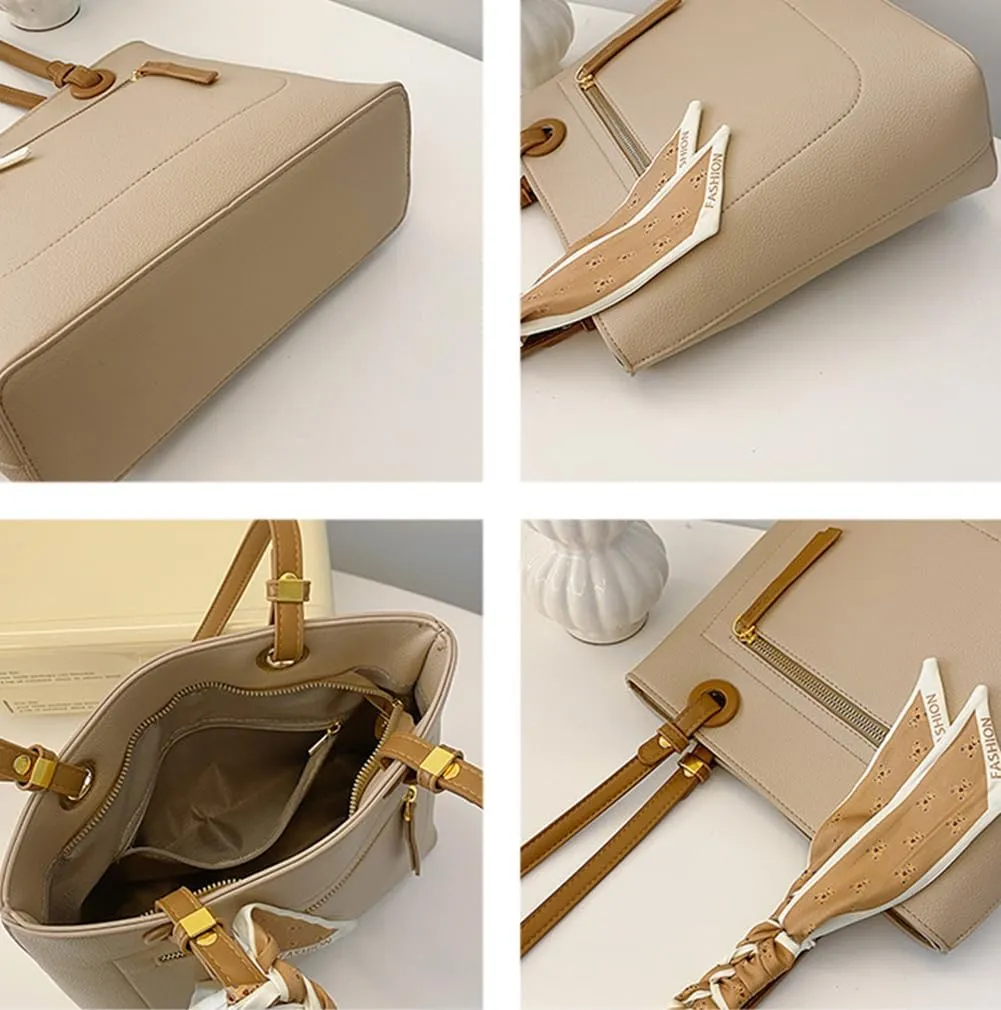 Women's Casual Shoulder Bags Vegan Leather Hobo Bag Vintage Large Tote Bags Top Handle Handbag with Silk Ribbon