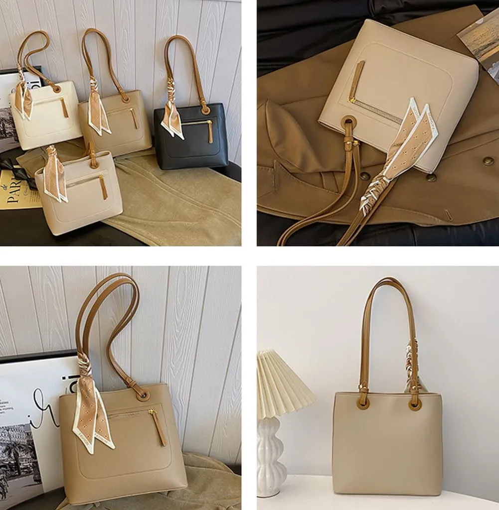 Women's Casual Shoulder Bags Vegan Leather Hobo Bag Vintage Large Tote Bags Top Handle Handbag with Silk Ribbon