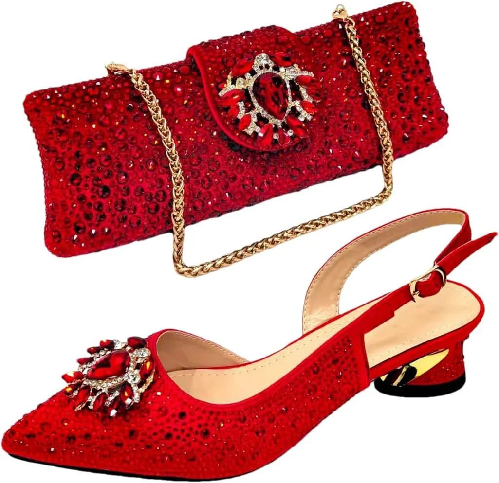 Women’S Champagne Rhinestone Embellished High Heels and Matching Bag Set for Elegant Parties