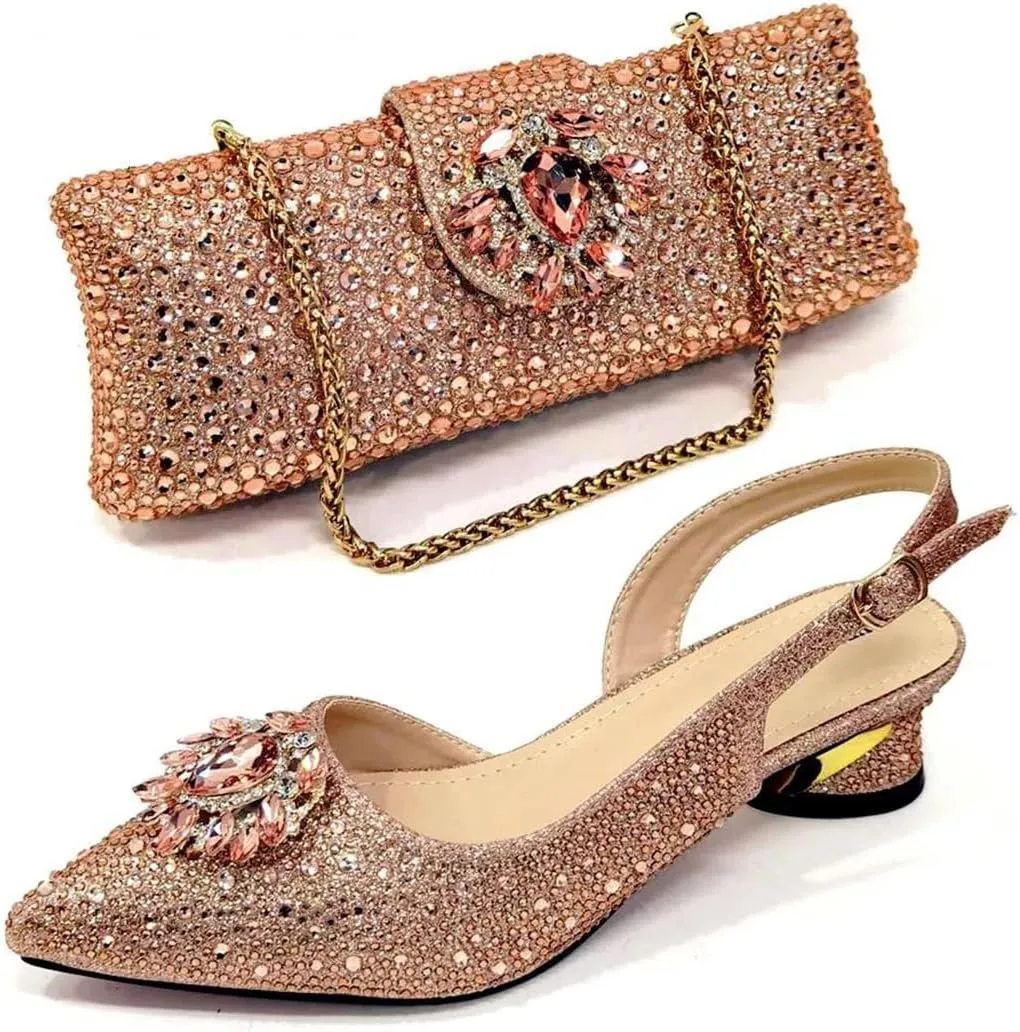 Women’S Champagne Rhinestone Embellished High Heels and Matching Bag Set for Elegant Parties