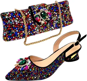 Women’S Champagne Rhinestone Embellished High Heels and Matching Bag Set for Elegant Parties