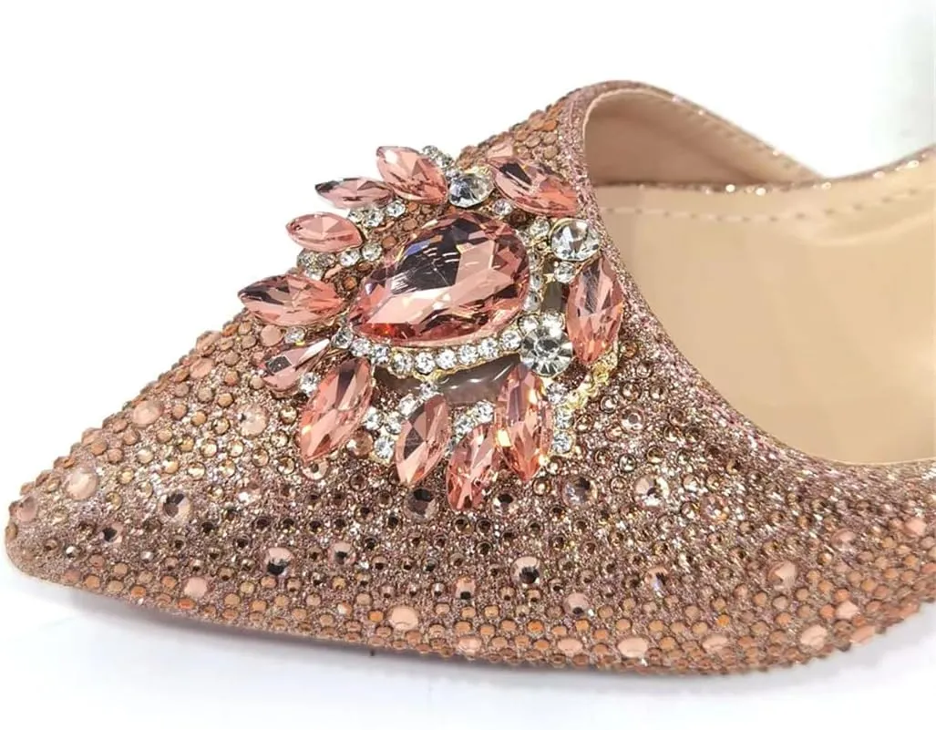 Women’S Champagne Rhinestone Embellished High Heels and Matching Bag Set for Elegant Parties