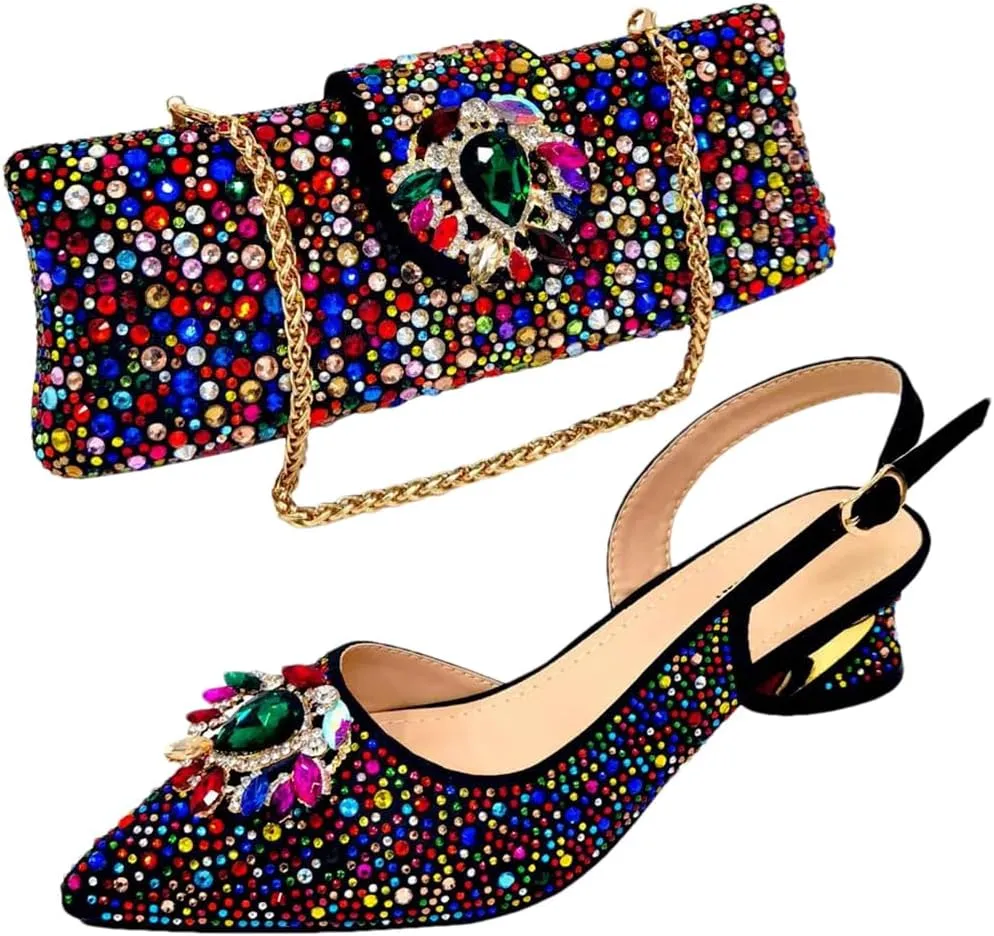 Women’S Champagne Rhinestone Embellished High Heels and Matching Bag Set for Elegant Parties