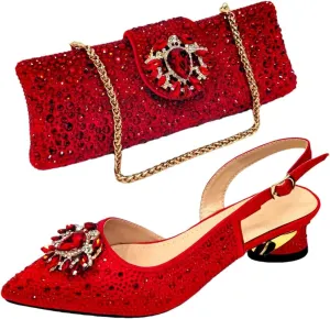 Women’S Champagne Rhinestone Embellished High Heels and Matching Bag Set for Elegant Parties