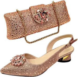 Women’S Champagne Rhinestone Embellished High Heels and Matching Bag Set for Elegant Parties