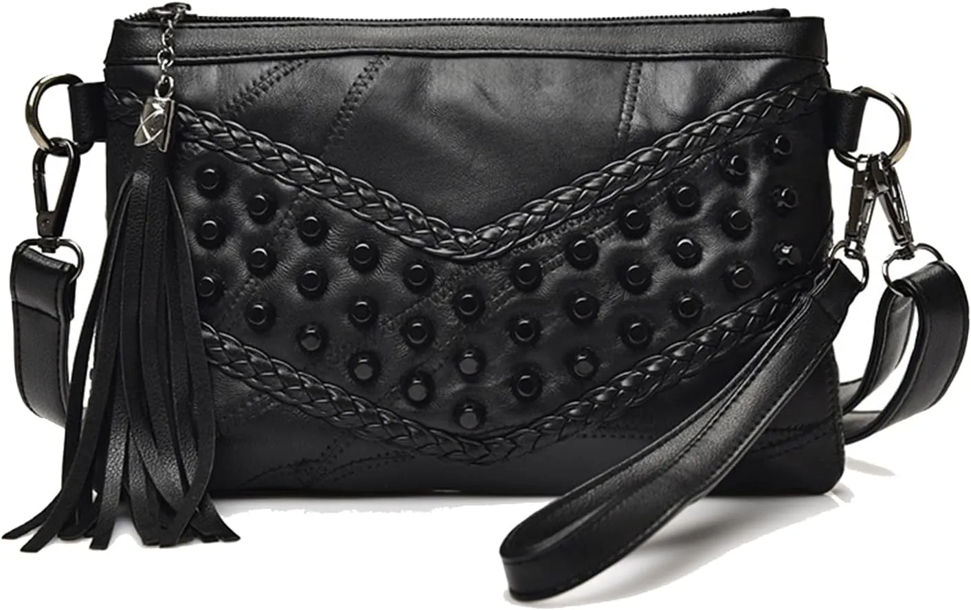 Women's Clutch Handbag Rivet Design Stylish Tassel Purse PU Leather Crossbody Bag Compact Elegant for Daily Use