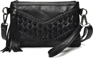 Women's Clutch Handbag Rivet Design Stylish Tassel Purse PU Leather Crossbody Bag Compact Elegant for Daily Use