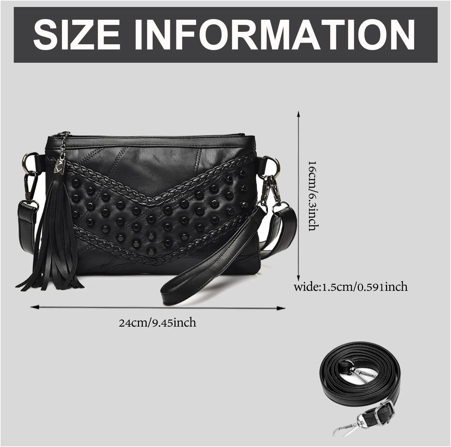Women's Clutch Handbag Rivet Design Stylish Tassel Purse PU Leather Crossbody Bag Compact Elegant for Daily Use