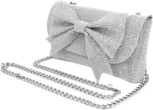 Womens Evening Bag Sparkling Bow Clutch Purses, Crystal Bow Flap Clutch Purse for Women, Women Evening Handbag Glitter Rhinestone Party Purses for Dinner Party Prom Wedding Cocktail, Silver