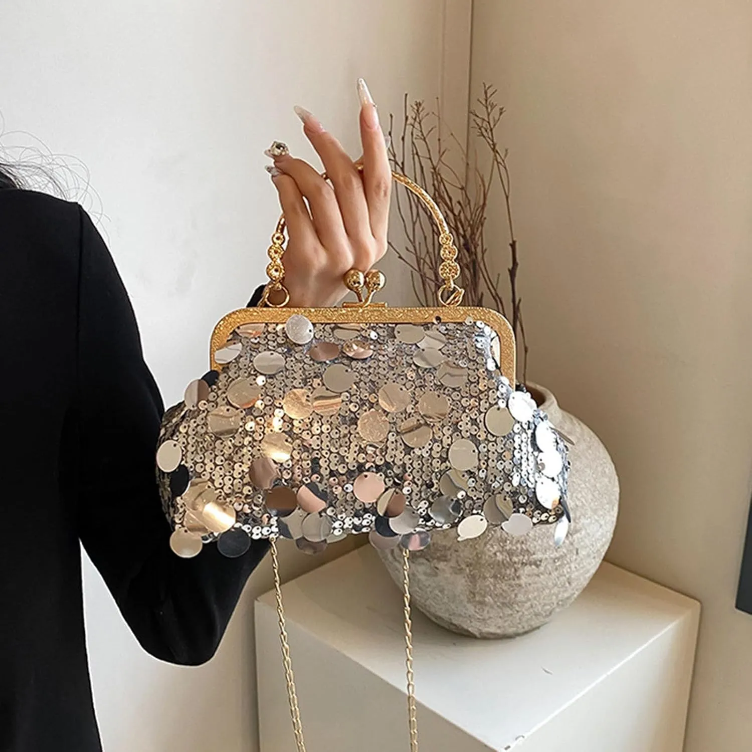 Women's Evening Handbag, Sparkly Sequin Evening Crossbody Bag, Top Handle Glitter Evening Bag, Bling Shoulder Clutch