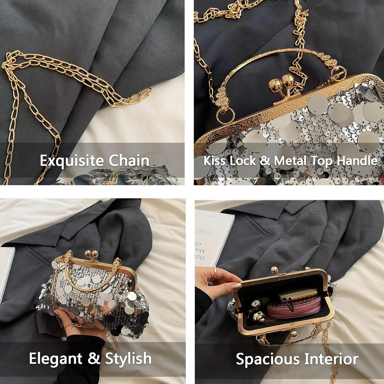 Women's Evening Handbag, Sparkly Sequin Evening Crossbody Bag, Top Handle Glitter Evening Bag, Bling Shoulder Clutch
