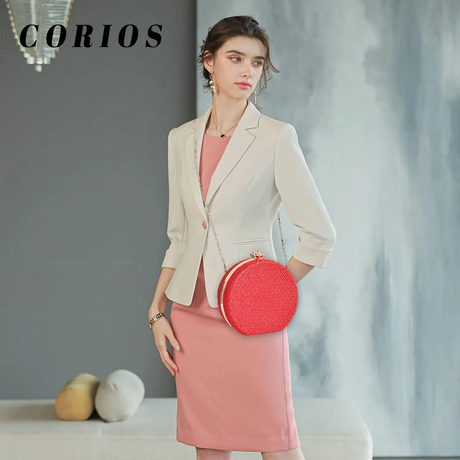 Women's Evening Handbags Luxury Round Clutch Purse Shoulder Bag with PU Leather
