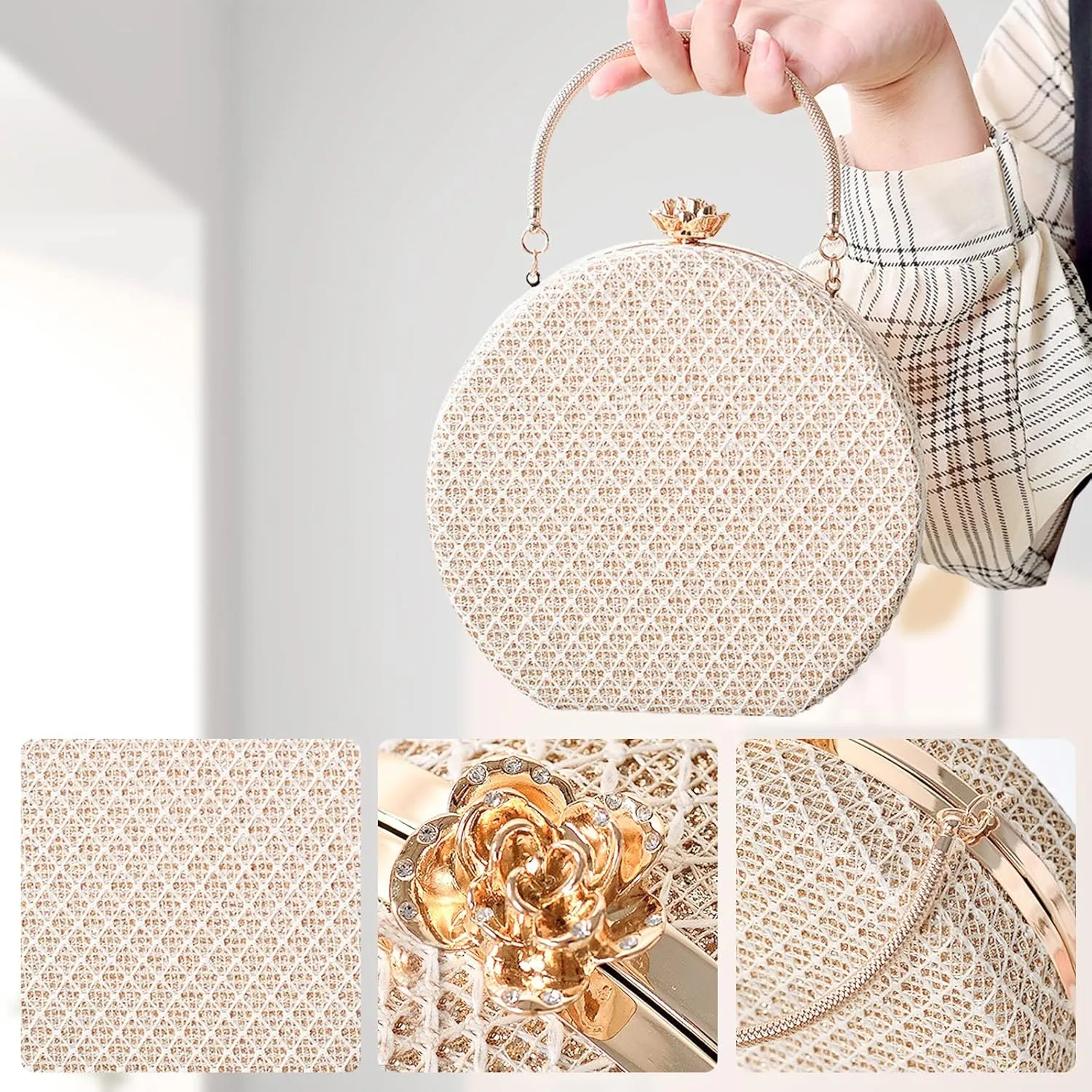 Women's Evening Handbags Luxury Round Clutch Purse Shoulder Bag with PU Leather