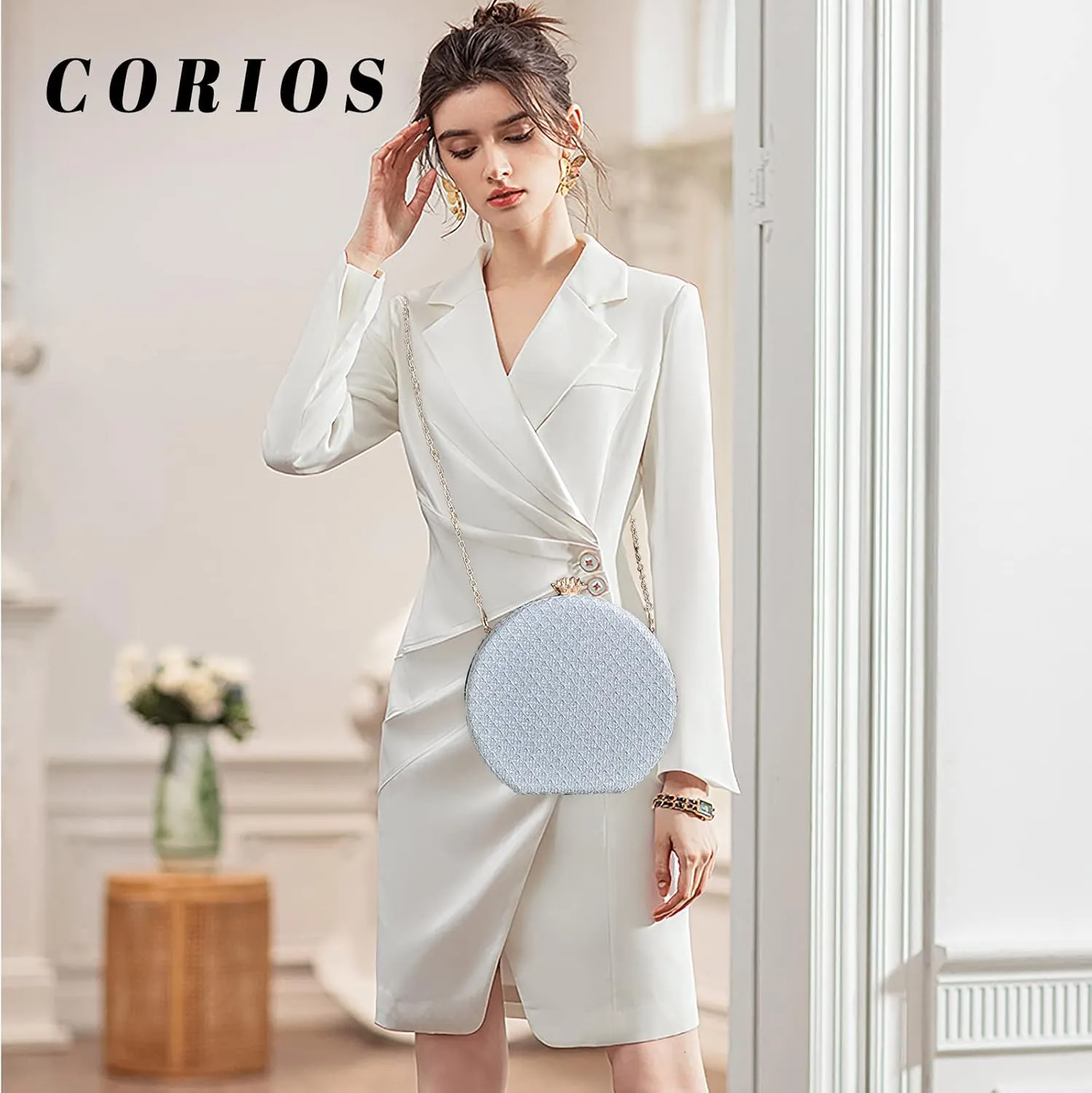 Women's Evening Handbags Luxury Round Clutch Purse Shoulder Bag with PU Leather